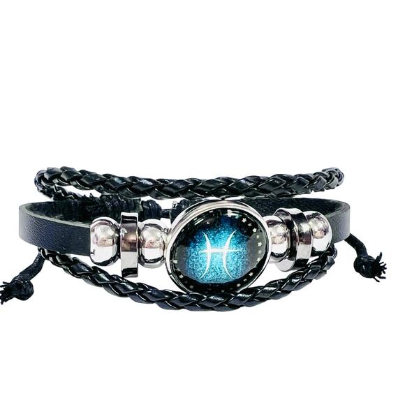 Pisces Zodiac Leather Adjustable Bracelet Unisex Multilayer Horoscope New - Picture 2 of 5
